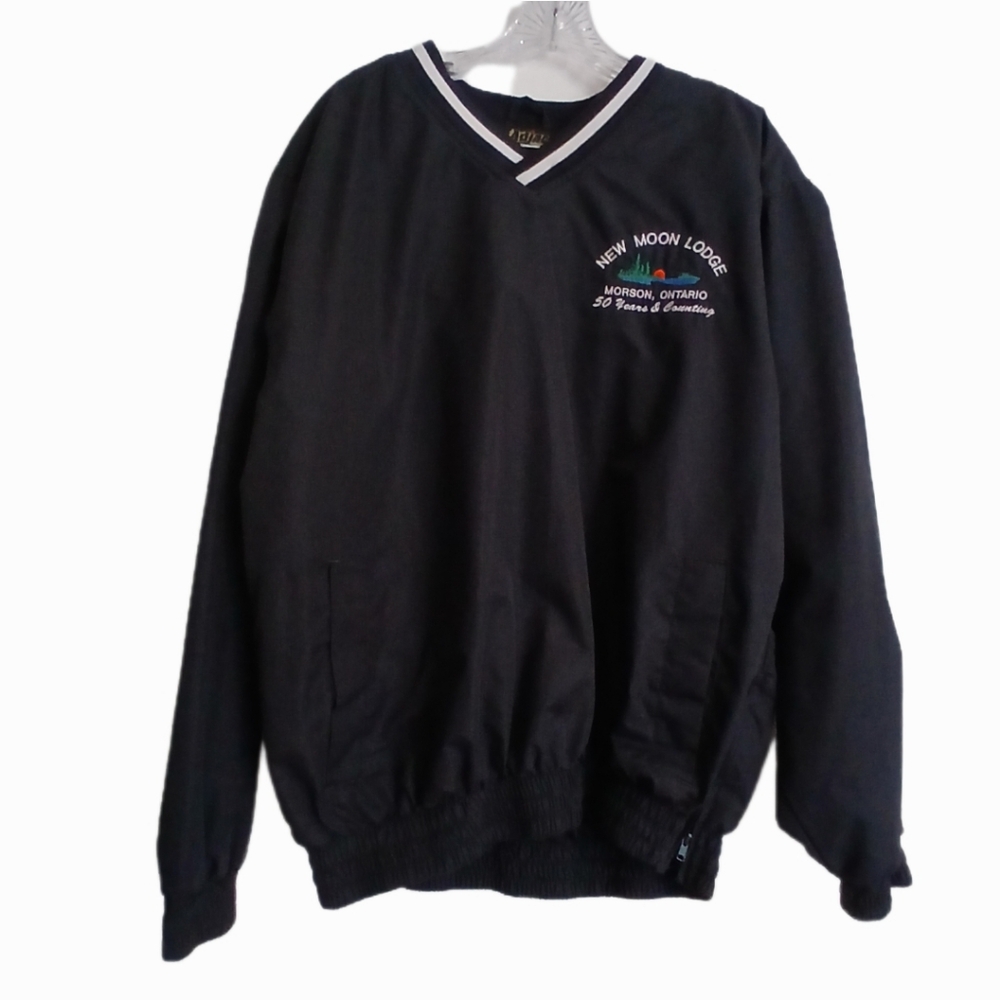 VTG Men's Size Small New Moon Lodge V-Neck Windbreaker black Retro Logo